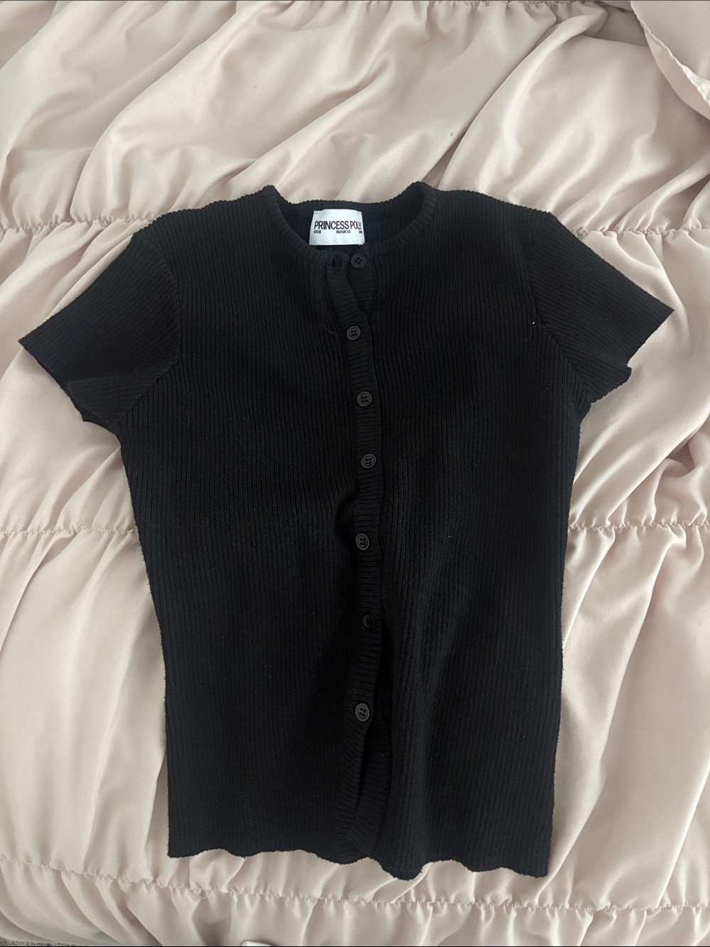 Princess Polly Black short-Sleeve Ribbed Button Cardigan